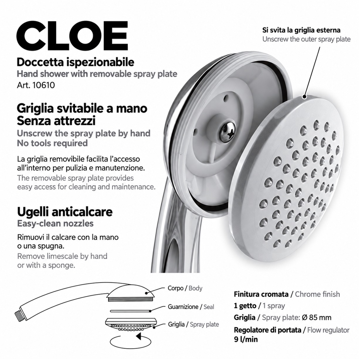 Doccetta Cloe ispezionabile griglia rimovibile anticalcare